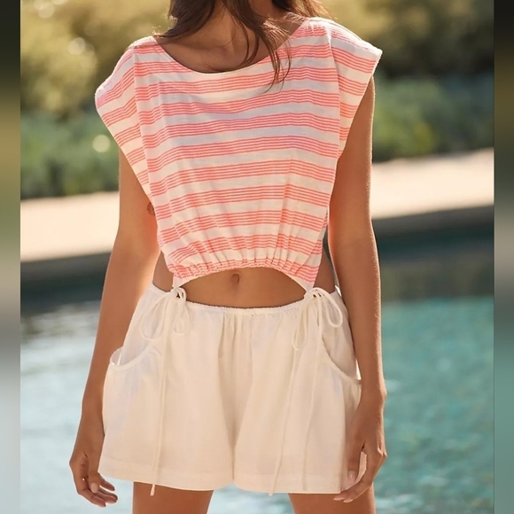 Anthropologie Boatneck Cut Out Romper in Coral Stripe Size XL NWT - Picture 2 of 11